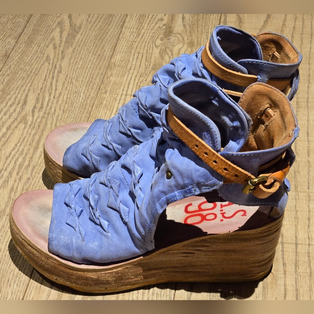 A.S.98 | 'Noa' Blue Wedge Leather Sandals with Ankle Strap, Size 36